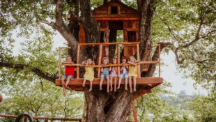dzieci siedzące w domku na drzewie
